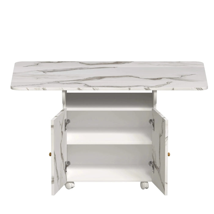 Versatile 47' White Marble MDF Folding Dining Table with Storage Rack and Cabinet, 6 Wheels Default -DTYStore