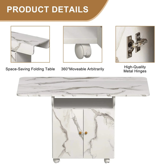 Versatile 47' White Marble MDF Folding Dining Table with Storage Rack and Cabinet, 6 Wheels Default -DTYStore