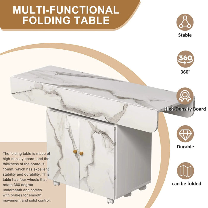 Versatile 47' White Marble MDF Folding Dining Table with Storage Rack and Cabinet, 6 Wheels Default -DTYStore