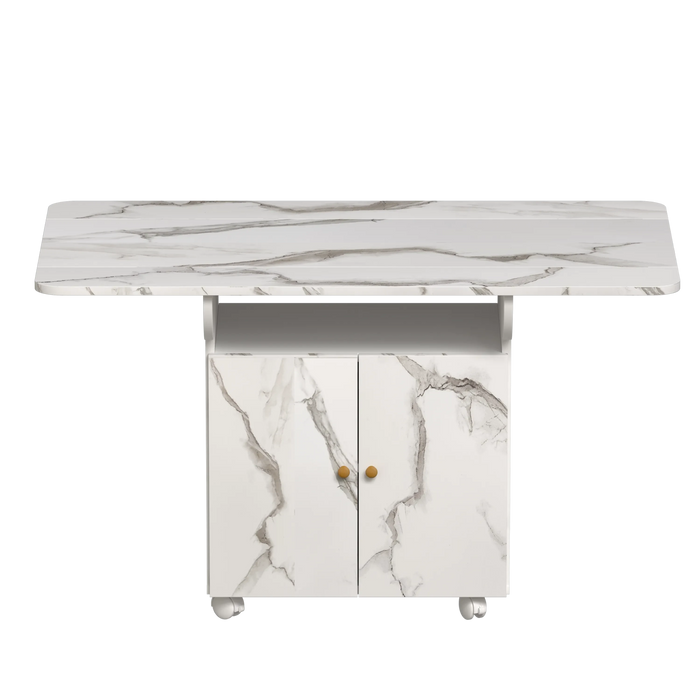 Versatile 47' White Marble MDF Folding Dining Table with Storage Rack and Cabinet, 6 Wheels Default -DTYStore