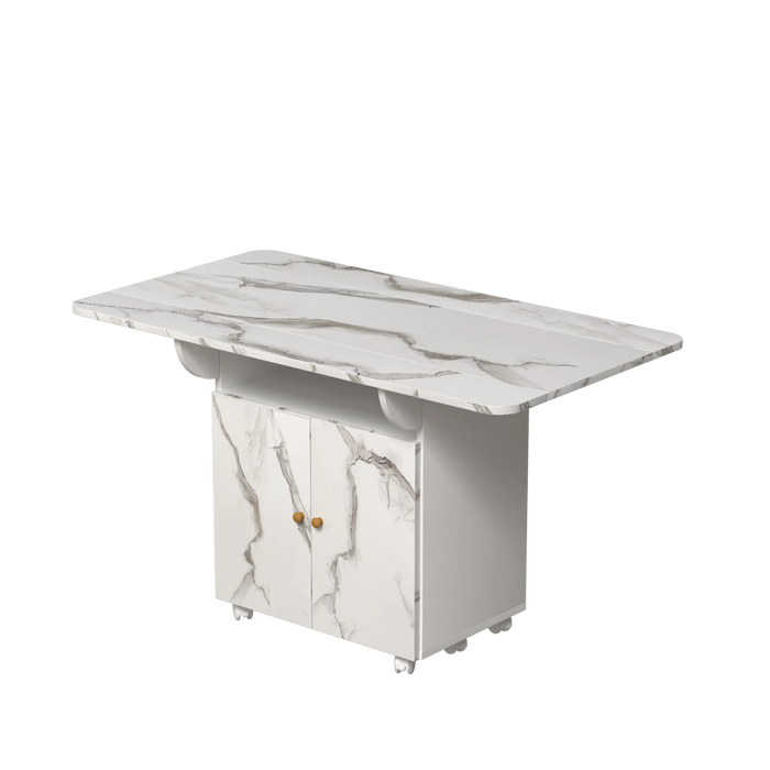 Versatile 47' White Marble MDF Folding Dining Table with Storage Rack and Cabinet, 6 Wheels Default -DTYStore
