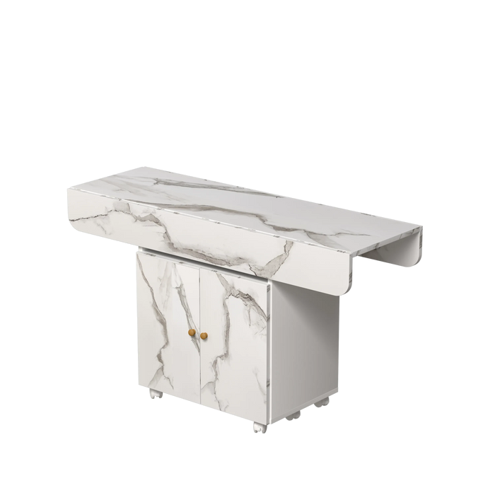 Versatile 47' White Marble MDF Folding Dining Table with Storage Rack and Cabinet, 6 Wheels Default -DTYStore