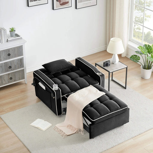 Versatile foldable sofa bed, 3-length modern velvet pull-out with adjustable back & USB Black 70.86 in. -DTYStore