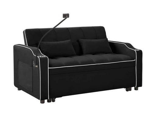 Versatile foldable sofa bed, 3-length modern velvet pull-out with adjustable back & USB Black 54.72 in. -DTYStore