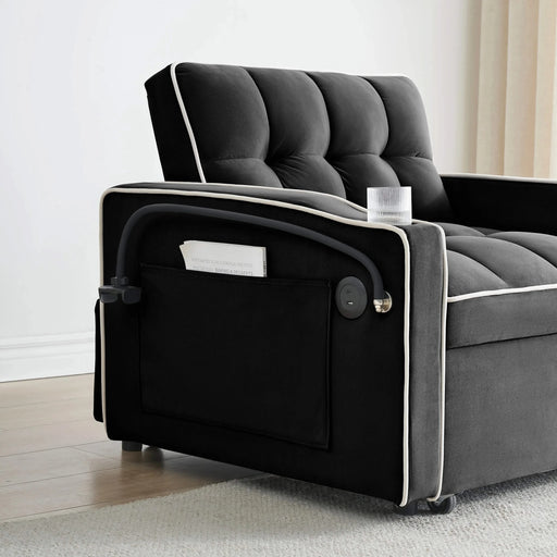 Versatile foldable sofa bed, 3-length modern velvet pull-out with adjustable back & USB Black 70.86 in. -DTYStore