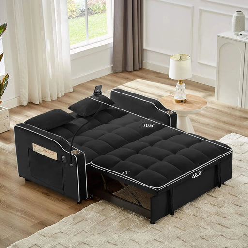 Versatile foldable sofa bed, 3-length modern velvet pull-out with adjustable back & USB Black 54.72 in. -DTYStore