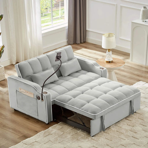 Versatile foldable sofa bed, 3-length modern velvet pull-out with adjustable back & USB Gray 54.72 in. -DTYStore