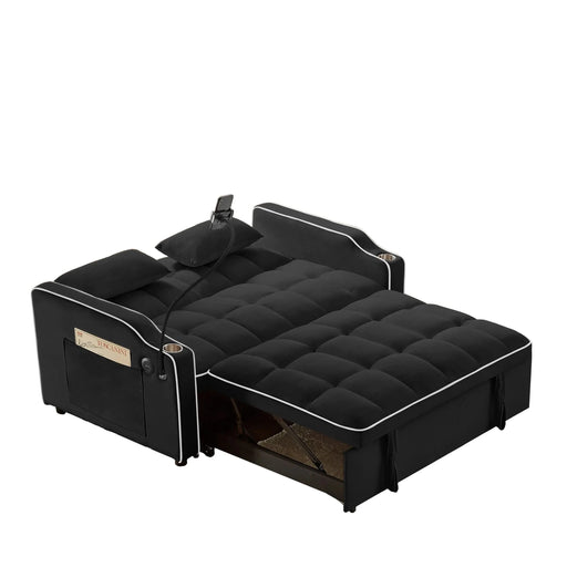 Versatile foldable sofa bed, 3-length modern velvet pull-out with adjustable back & USB Black 54.72 in. -DTYStore