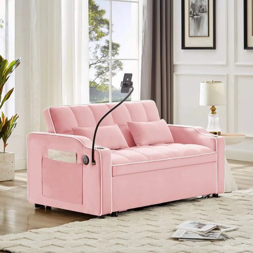 Versatile foldable sofa bed, 3-length modern velvet pull-out with adjustable back & USB Pink 54.72 in. -DTYStore