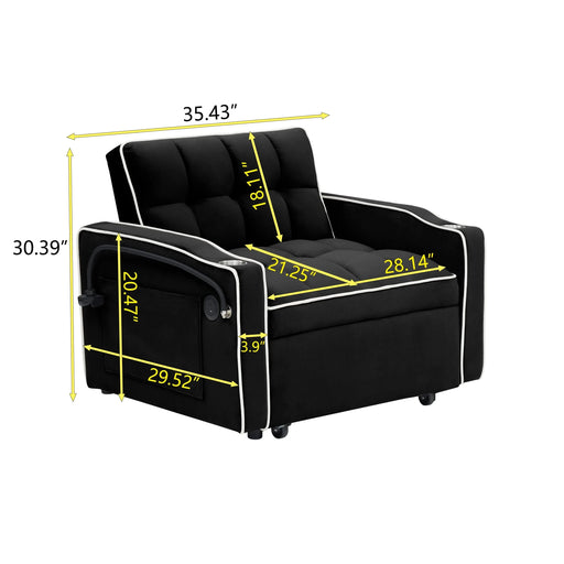 Versatile foldable sofa bed, 3-length modern velvet pull-out with adjustable back & USB Black 70.86 in. -DTYStore