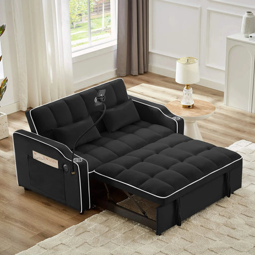 Versatile foldable sofa bed, 3-length modern velvet pull-out with adjustable back & USB Black 54.72 in. -DTYStore