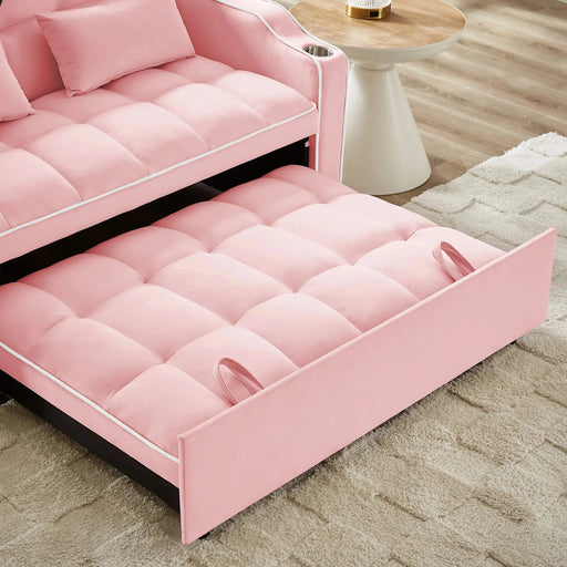 Versatile foldable sofa bed, 3-length modern velvet pull-out with adjustable back & USB Pink 54.72 in. -DTYStore