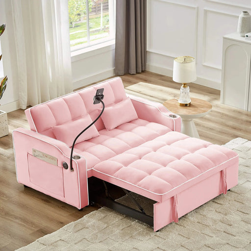 Versatile foldable sofa bed, 3-length modern velvet pull-out with adjustable back & USB Pink 54.72 in. -DTYStore