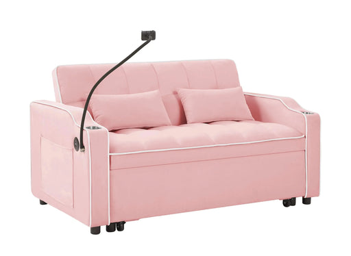 Versatile foldable sofa bed, 3-length modern velvet pull-out with adjustable back & USB Pink 54.72 in. -DTYStore