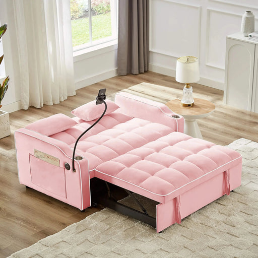 Versatile foldable sofa bed, 3-length modern velvet pull-out with adjustable back & USB Pink 54.72 in. -DTYStore