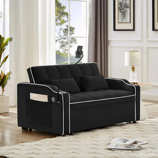Versatile foldable sofa bed, 3-length modern velvet pull-out with adjustable back & USB Black 54.72 in. -DTYStore