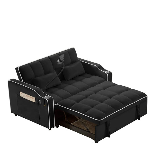 Versatile foldable sofa bed, 3-length modern velvet pull-out with adjustable back & USB Black 54.72 in. -DTYStore