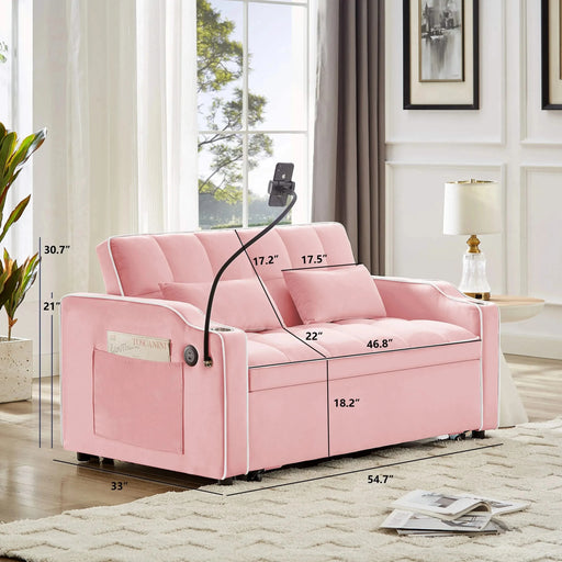 Versatile foldable sofa bed, 3-length modern velvet pull-out with adjustable back & USB Pink 54.72 in. -DTYStore