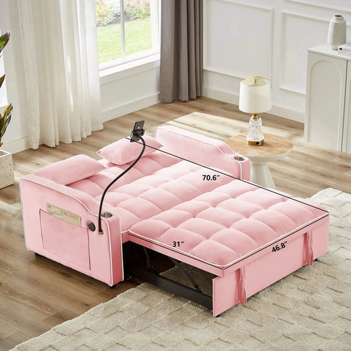 Versatile foldable sofa bed, 3-length modern velvet pull-out with adjustable back & USB Pink 54.72 in. -DTYStore