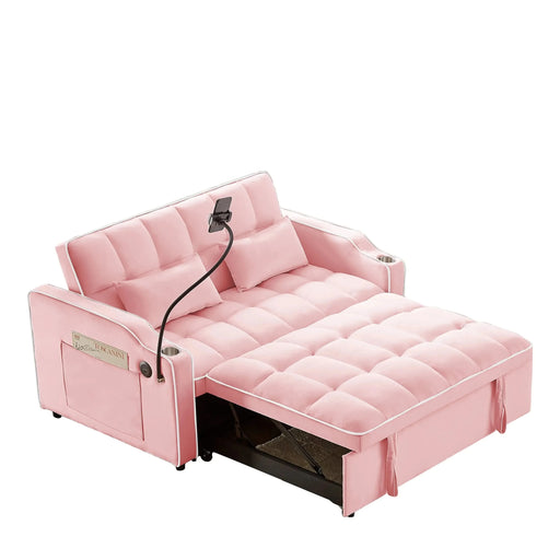 Versatile foldable sofa bed, 3-length modern velvet pull-out with adjustable back & USB Pink 54.72 in. -DTYStore