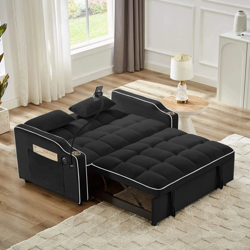 Versatile foldable sofa bed, 3-length modern velvet pull-out with adjustable back & USB Black 54.72 in. -DTYStore
