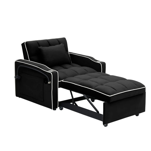 Versatile foldable sofa bed, 3-length modern velvet pull-out with adjustable back & USB Black 70.86 in. -DTYStore