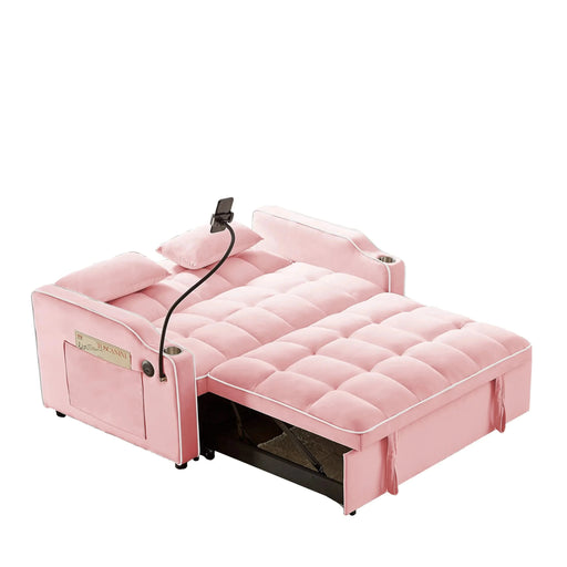 Versatile foldable sofa bed, 3-length modern velvet pull-out with adjustable back & USB Pink 54.72 in. -DTYStore