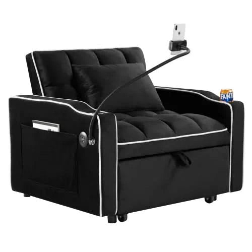 Versatile foldable sofa bed, 3-length modern velvet pull-out with adjustable back & USB Black 70.86 in. -DTYStore