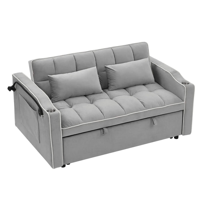 Versatile foldable velvet pullout sofa bed with adjustable back, USB port & phone stand Grey -DTYStore