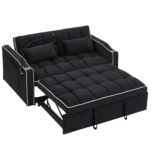 Versatile foldable velvet pullout sofa bed with adjustable back, USB port & phone stand Black -DTYStore