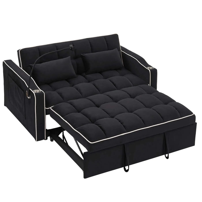 Versatile foldable velvet pullout sofa bed with adjustable back, USB port & phone stand Black -DTYStore