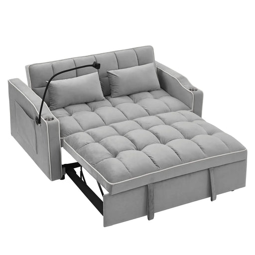 Versatile foldable velvet pullout sofa bed with adjustable back, USB port & phone stand Grey -DTYStore
