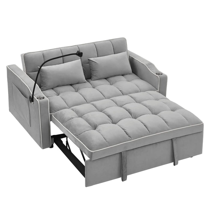 Versatile foldable velvet pullout sofa bed with adjustable back, USB port & phone stand Grey -DTYStore