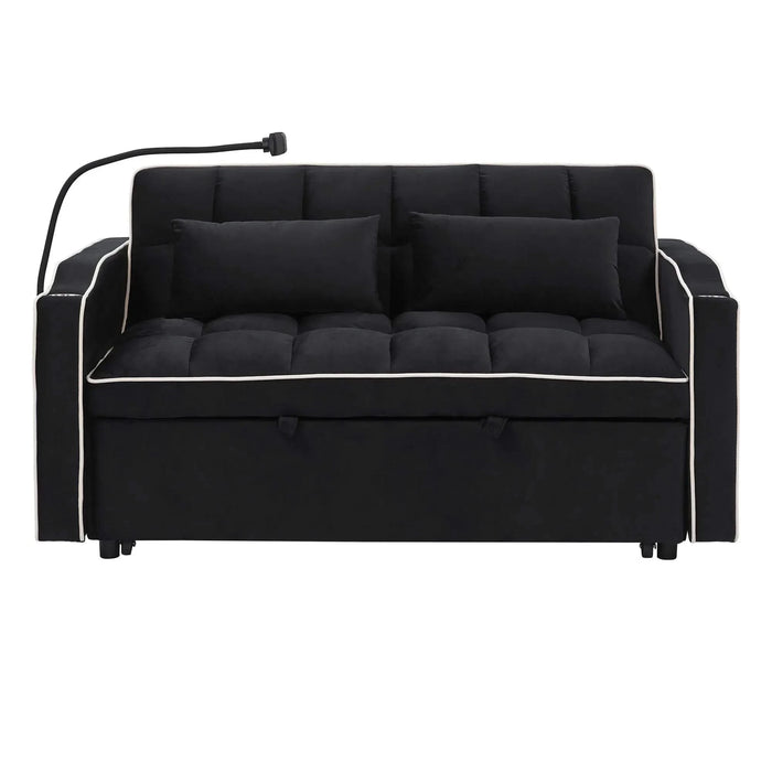 Versatile foldable velvet pullout sofa bed with adjustable back, USB port & phone stand Black -DTYStore