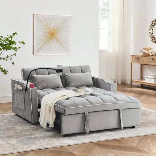 Versatile foldable velvet pullout sofa bed with adjustable back, USB port & phone stand Grey -DTYStore