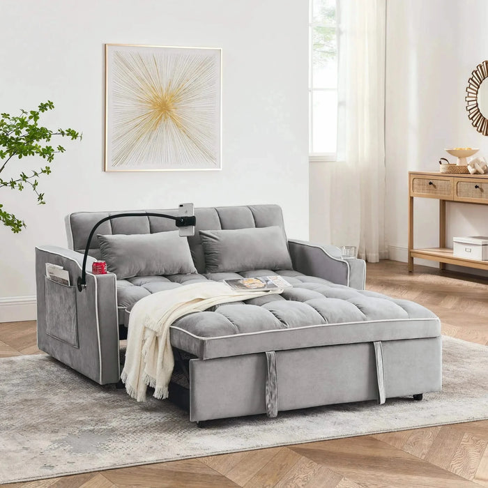Versatile foldable velvet pullout sofa bed with adjustable back, USB port & phone stand Grey -DTYStore
