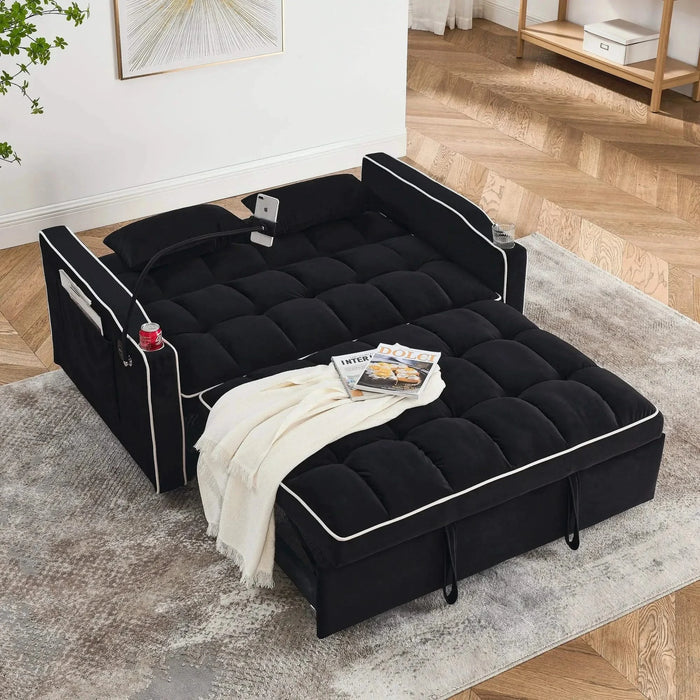 Versatile foldable velvet pullout sofa bed with adjustable back, USB port & phone stand Black -DTYStore