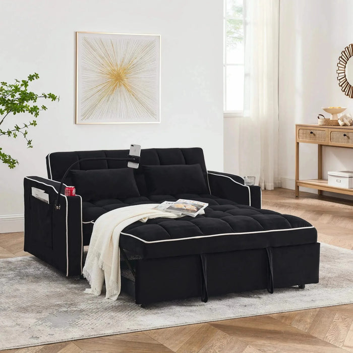 Versatile foldable velvet pullout sofa bed with adjustable back, USB port & phone stand Black -DTYStore