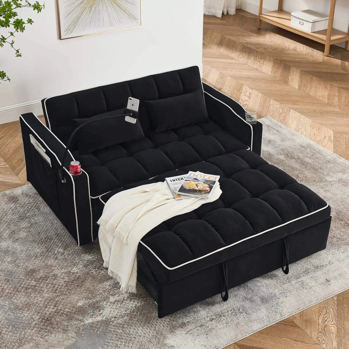 Versatile foldable velvet pullout sofa bed with adjustable back, USB port & phone stand Black -DTYStore