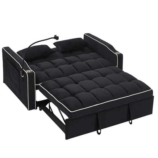 Versatile foldable velvet pullout sofa bed with adjustable back, USB port & phone stand Black -DTYStore