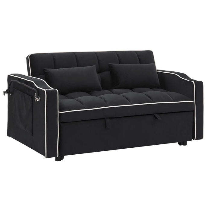 Versatile foldable velvet pullout sofa bed with adjustable back, USB port & phone stand Black -DTYStore