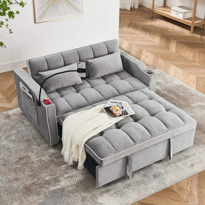 Versatile foldable velvet pullout sofa bed with adjustable back, USB port & phone stand Grey -DTYStore