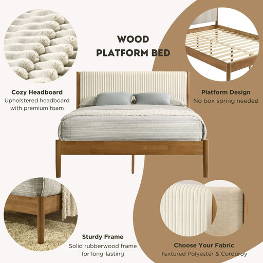 Vichy 4-Piece Rubberwood Bedroom Set with Corduroy Upholstered Queen Bed, Dresser, Mirror, and Nightstand Default -DTYStore