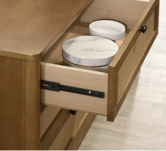 Vichy 4-Piece Rubberwood Bedroom Set with Textured Polyester Upholstered Queen Bed, Dresser, Mirror, and Nightstand Default -DTYStore