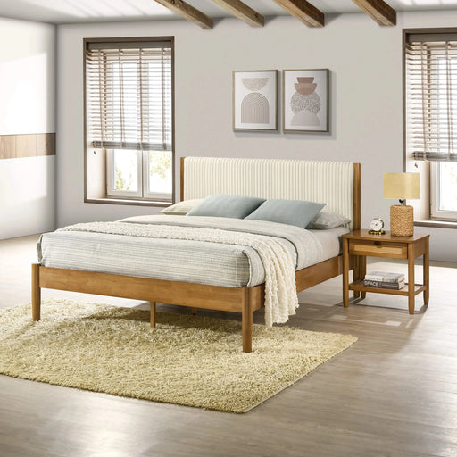 Vichy 5-Piece Rubberwood Bedroom Set with Corduroy Upholstered Queen Bed, Dresser, Mirror, Nightstand, and Chest Default -DTYStore