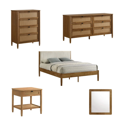 Vichy 5-Piece Rubberwood Bedroom Set with Corduroy Upholstered Queen Bed, Dresser, Mirror, Nightstand, and Chest Default -DTYStore