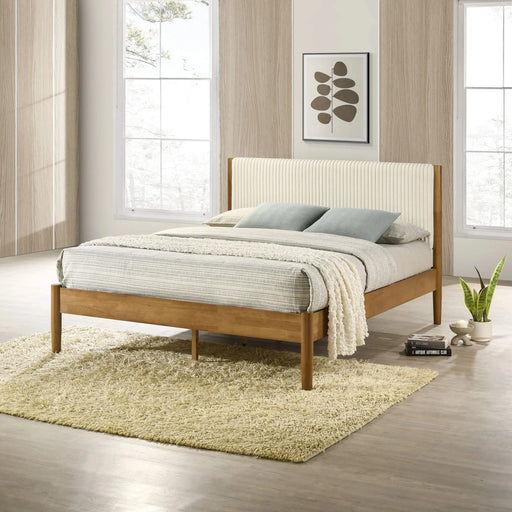 Vichy 5-Piece Rubberwood Bedroom Set with Corduroy Upholstered Queen Bed, Dresser, Mirror, and 2 Nightstands Default -DTYStore