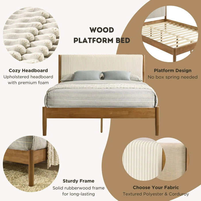 Vichy 5-Piece Rubberwood Bedroom Set with Corduroy Upholstered Queen Bed, Dresser, Mirror, and 2 Nightstands Default -DTYStore