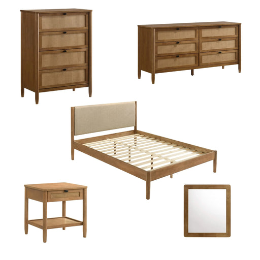 Vichy 5-Piece Rubberwood Bedroom Set with Textured Polyester Upholstered Queen Bed, Dresser, Mirror, Nightstand, and Chest Default -DTYStore