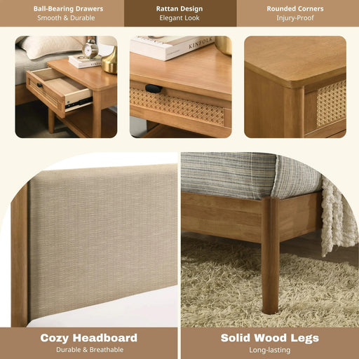 Vichy 5-Piece Rubberwood Bedroom Set with Textured Polyester Upholstered Queen Bed, Dresser, Mirror, Nightstand, and Chest Default -DTYStore